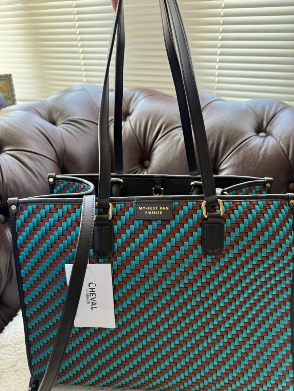 My Best Bag Firenze Woven Tote in Teal and Brown NWT - Unique Gorgeous - Picture 5 of 6